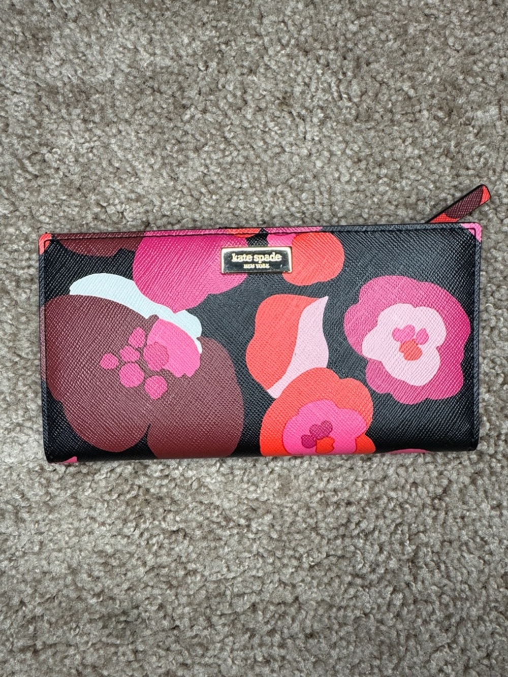 kate spade Black Floral Zip Wallet with Pink & Red Blooms